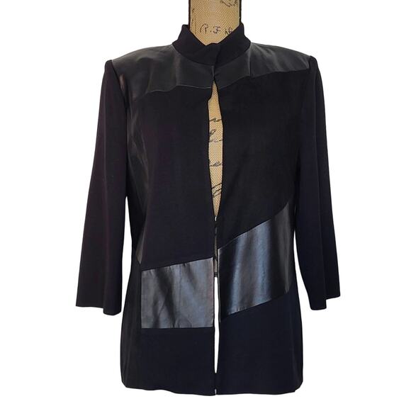 Misook Minimalist Jersey Knit Faux Leather Blazer Jacket 3/4 Sleeve Size Small